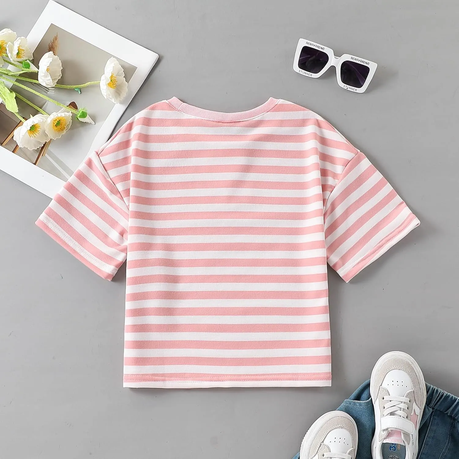 5-12 Years Girls Oversized Dropped Shoulders Sleeve Striped T Shirts Girls Summer Fall Crewneck Tops