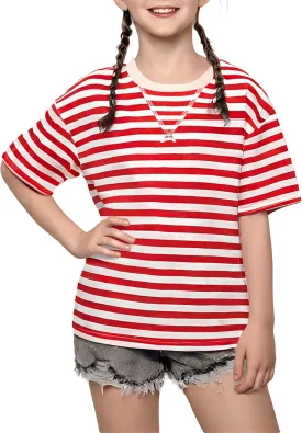 5-12 Years Girls Oversized Dropped Shoulders Sleeve Striped T Shirts Girls Summer Fall Crewneck Tops