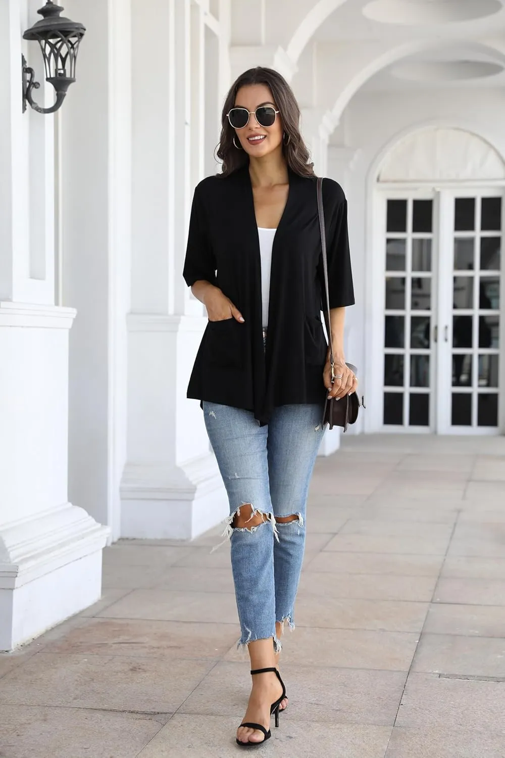 ADANIKI Womens Short Sleeve Open Front Lightweight Casual Comfy Long Line Drape Hem Soft Modal Cardigans Sweater