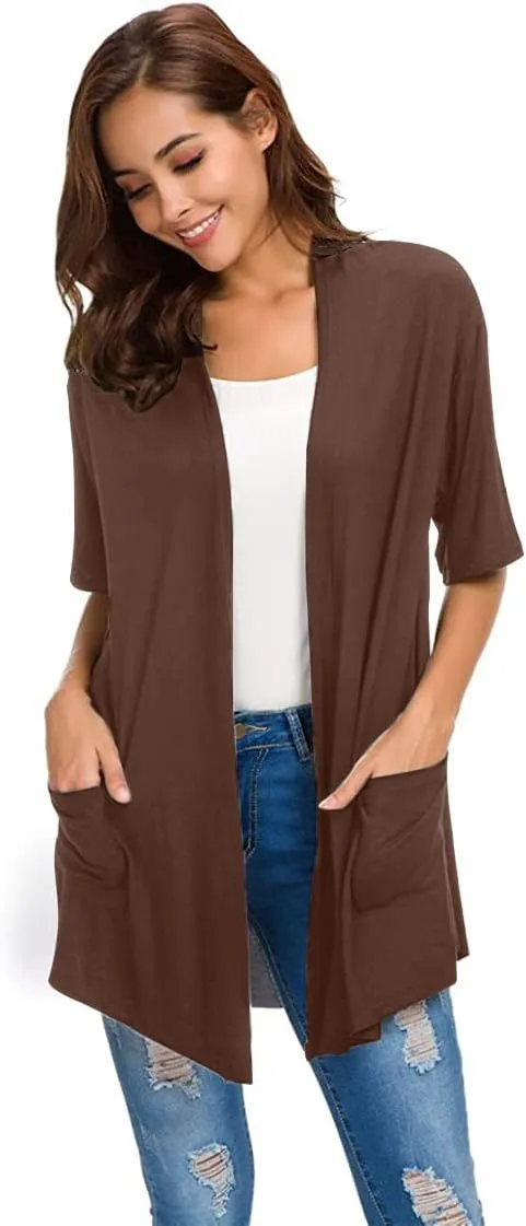 ADANIKI Womens Short Sleeve Open Front Lightweight Casual Comfy Long Line Drape Hem Soft Modal Cardigans Sweater