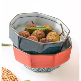Ako Blue and Red Japanese Octagonal Serving Bowls