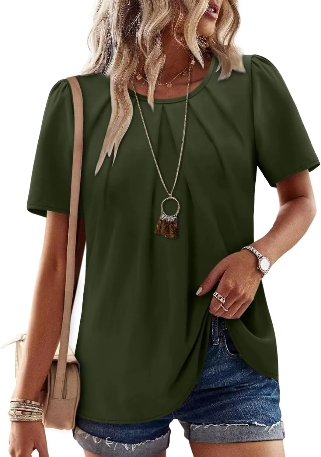 Angerella Womens T Shirts Chiffon Floral Blouses Summer Short Sleeve Trendy Round Crew Neck Casual Business Top