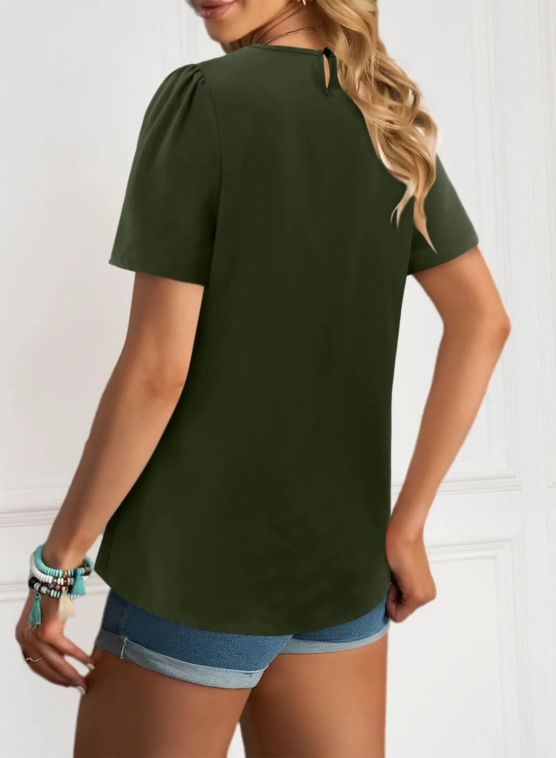 Angerella Womens T Shirts Chiffon Floral Blouses Summer Short Sleeve Trendy Round Crew Neck Casual Business Top