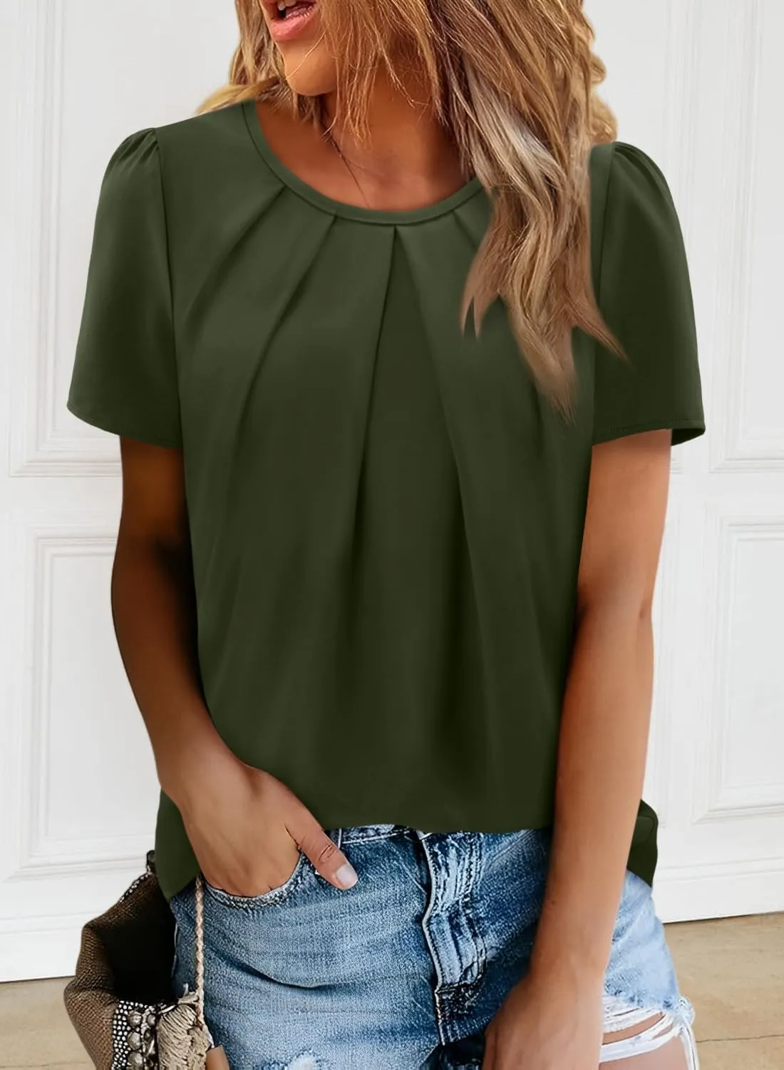 Angerella Womens T Shirts Chiffon Floral Blouses Summer Short Sleeve Trendy Round Crew Neck Casual Business Top