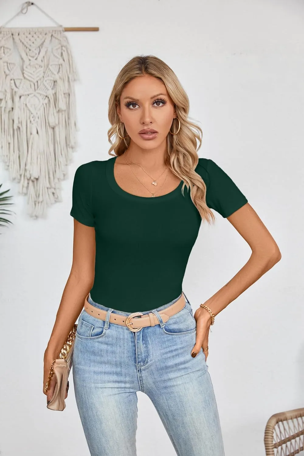 Areecin Womens Summer Tops Square Neck Cute Short Sleeve Going Out Tops Ribbed Knit Tee Tshirt