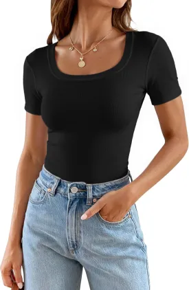 Areecin Womens Summer Tops Square Neck Cute Short Sleeve Going Out Tops Ribbed Knit Tee Tshirt