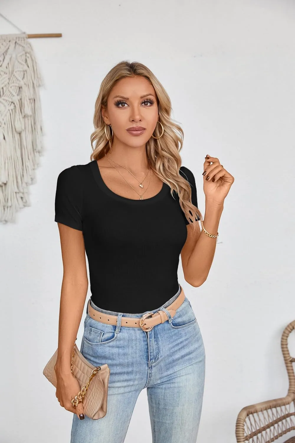 Areecin Womens Summer Tops Square Neck Cute Short Sleeve Going Out Tops Ribbed Knit Tee Tshirt