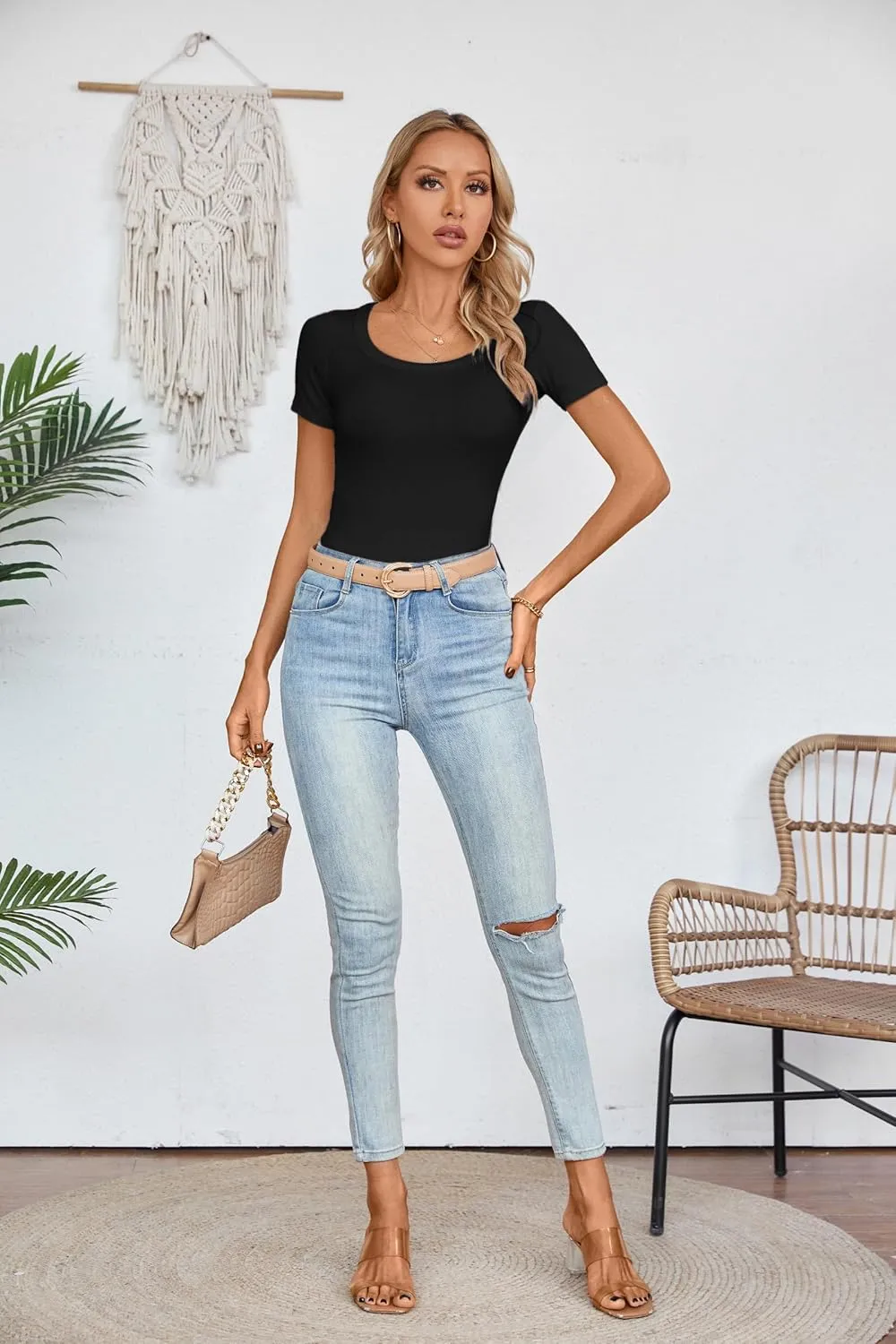 Areecin Womens Summer Tops Square Neck Cute Short Sleeve Going Out Tops Ribbed Knit Tee Tshirt