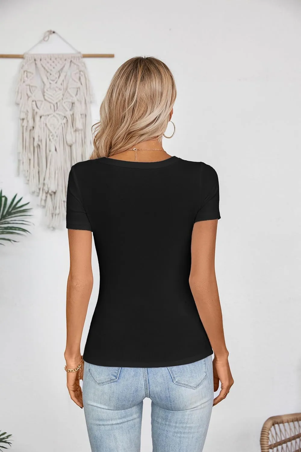 Areecin Womens Summer Tops Square Neck Cute Short Sleeve Going Out Tops Ribbed Knit Tee Tshirt