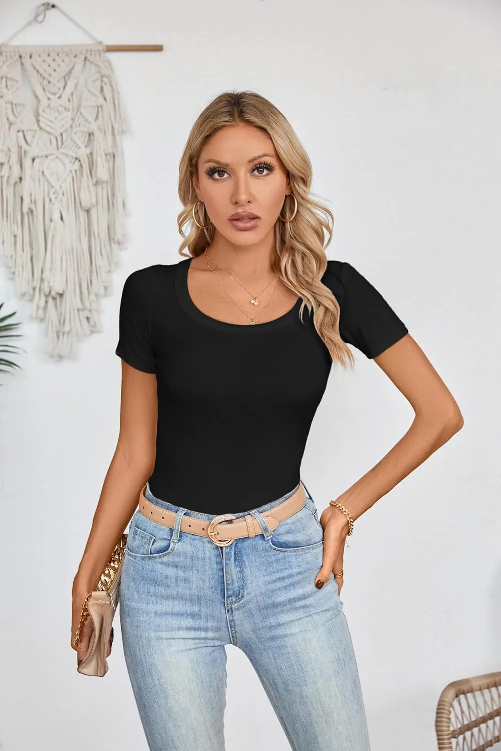 Areecin Womens Summer Tops Square Neck Cute Short Sleeve Going Out Tops Ribbed Knit Tee Tshirt