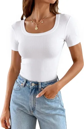 Areecin Womens Summer Tops Square Neck Cute Short Sleeve Going Out Tops Ribbed Knit Tee Tshirt