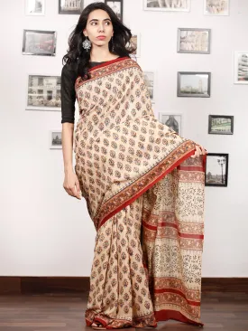 Beige Indigo Rust Black Hand Block Printed Cotton Saree In Natural Colors - S031703339
