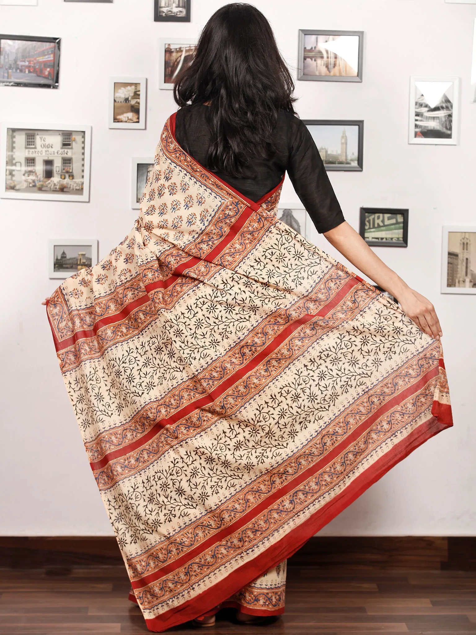 Beige Indigo Rust Black Hand Block Printed Cotton Saree In Natural Colors - S031703339