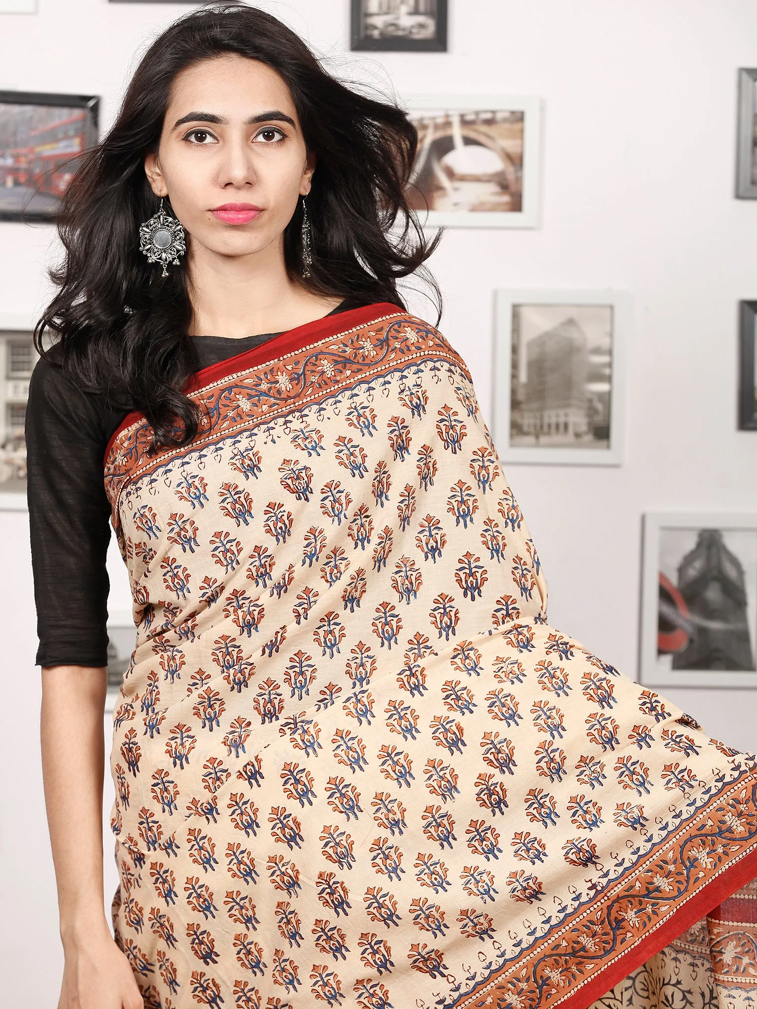 Beige Indigo Rust Black Hand Block Printed Cotton Saree In Natural Colors - S031703339