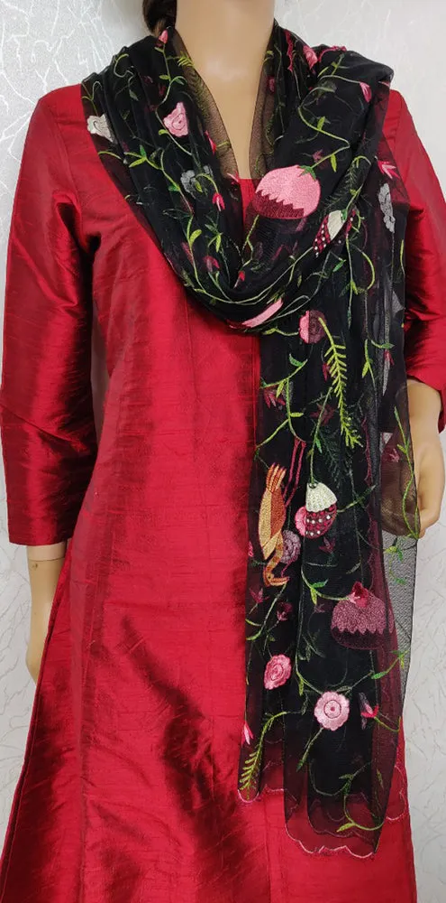 Black Hand Embroidered Parsi Convent Work Net Dupatta