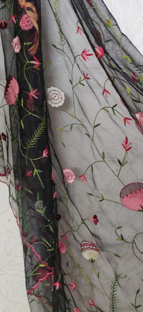 Black Hand Embroidered Parsi Convent Work Net Dupatta