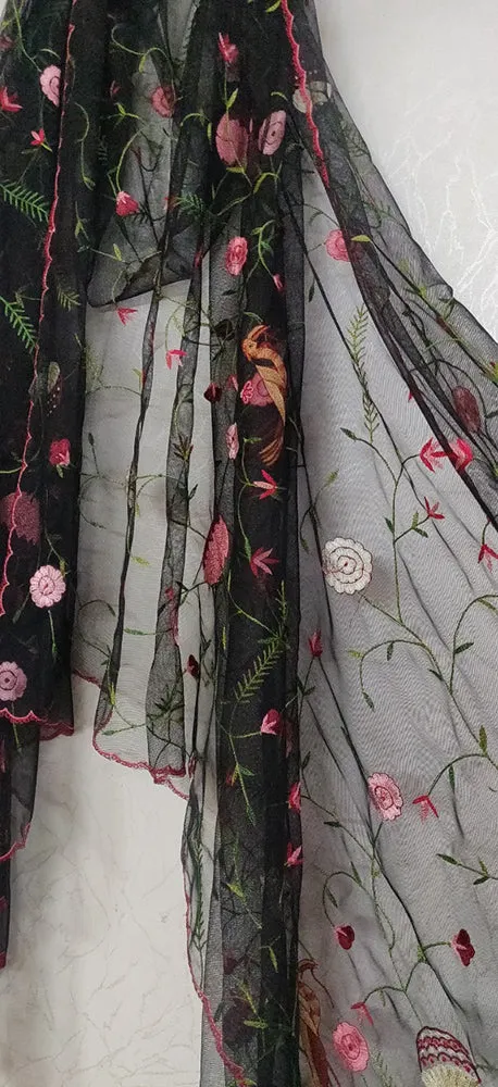 Black Hand Embroidered Parsi Convent Work Net Dupatta
