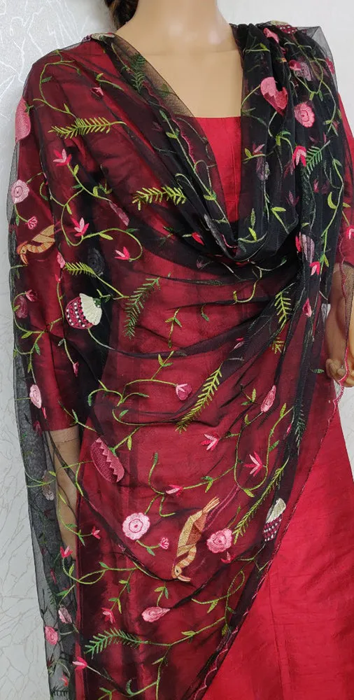 Black Hand Embroidered Parsi Convent Work Net Dupatta