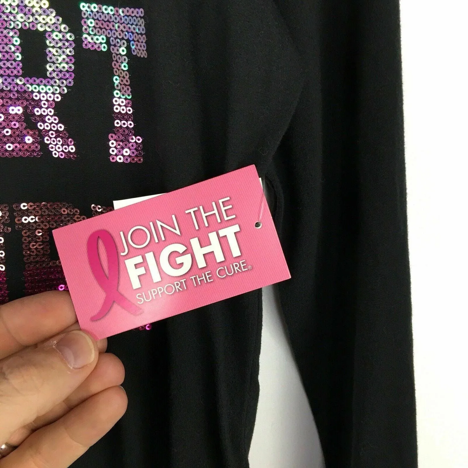 Breast Cancer Awareness Womens Size L Black V-Neck T-Shirt “Support the Cure” Sequined L/s