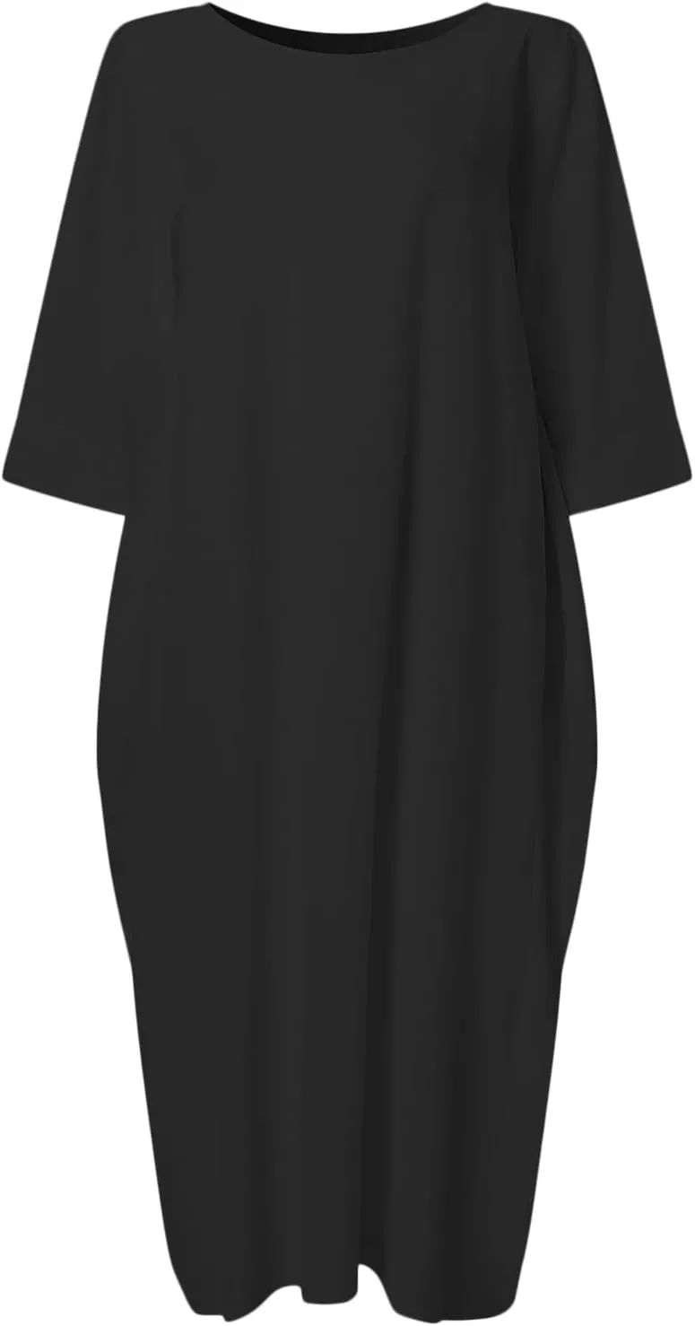 Celmia Autumn Solid Loose Long Maxi Dress Cotton Caftan