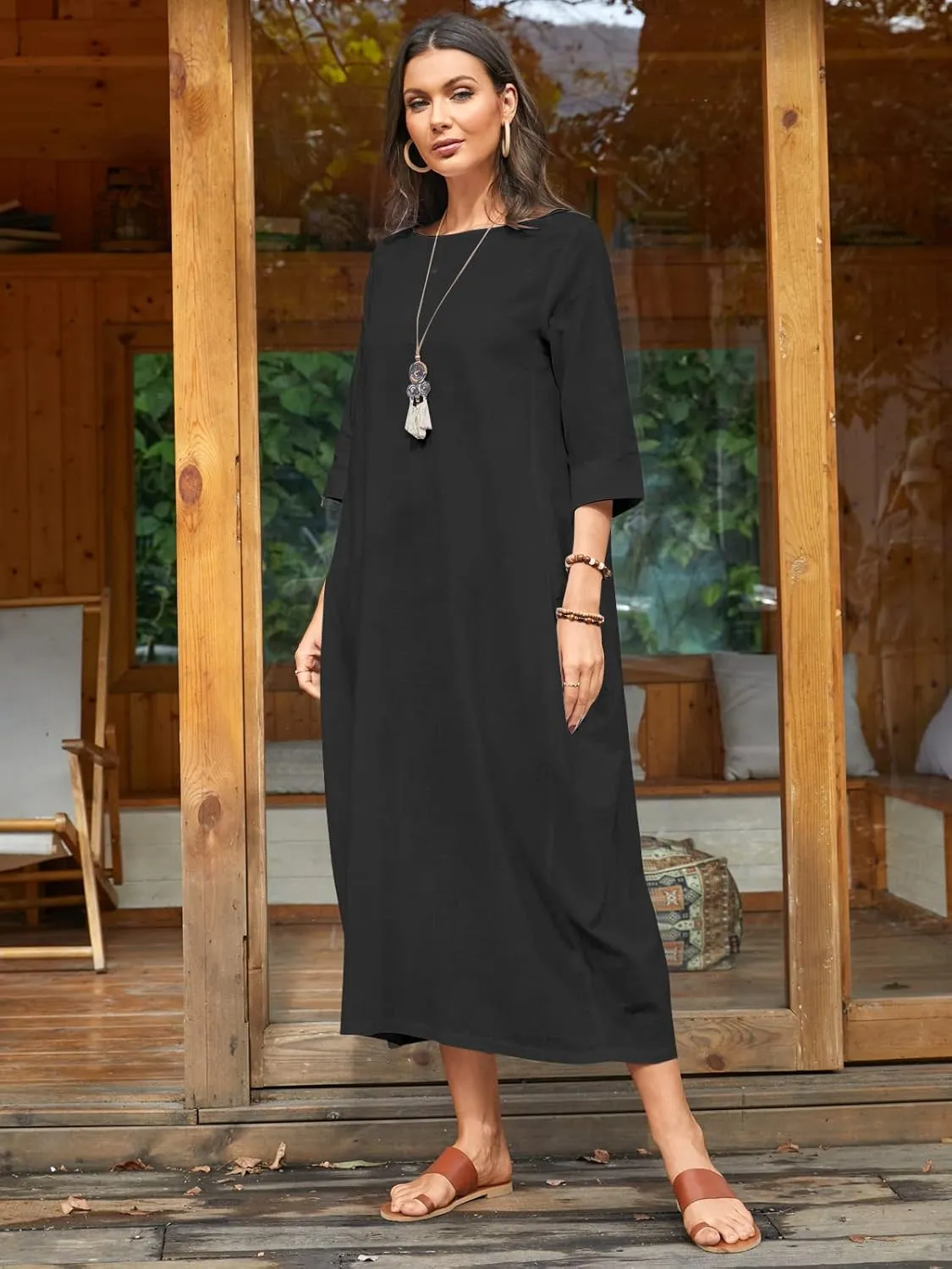 Celmia Autumn Solid Loose Long Maxi Dress Cotton Caftan