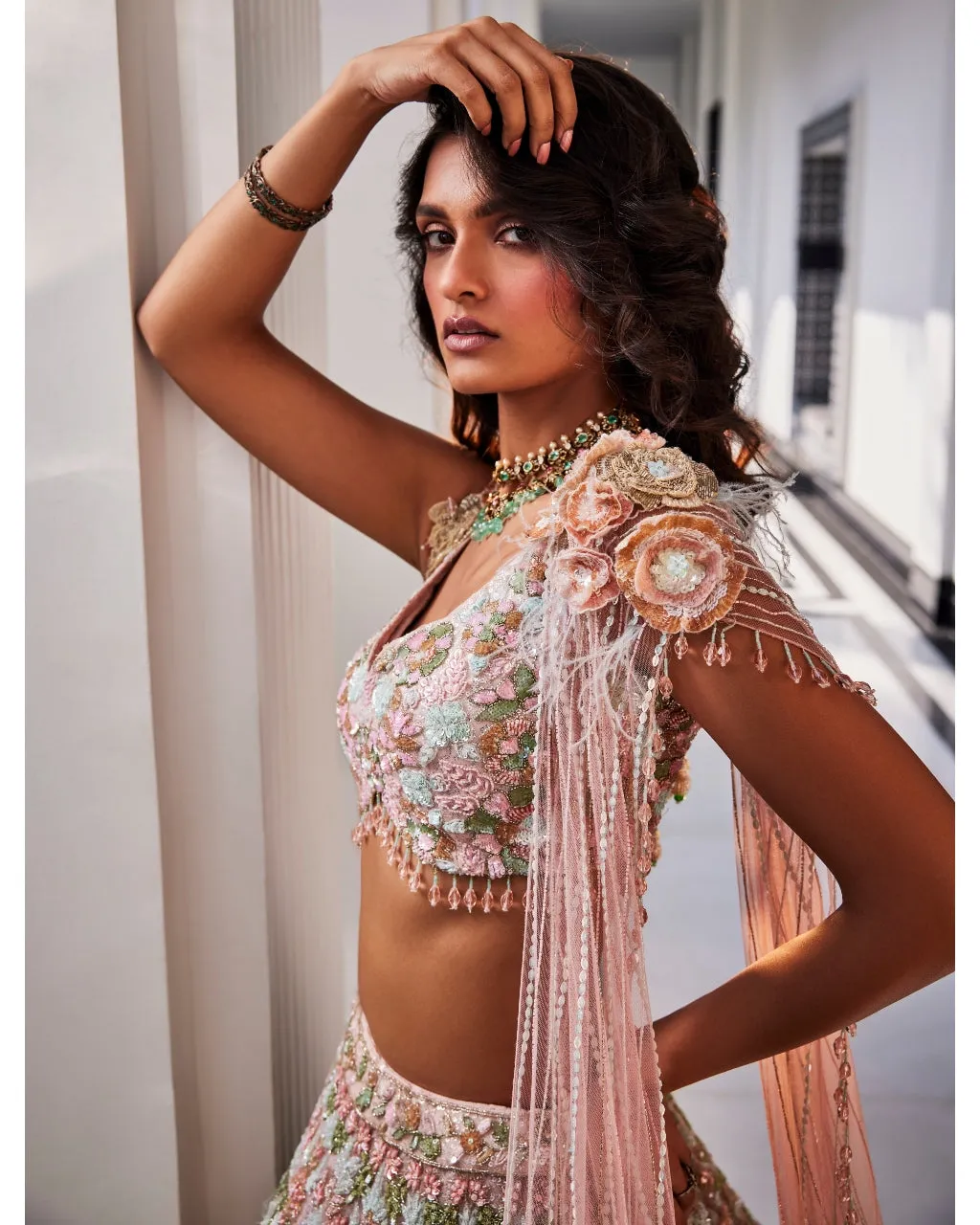 Coral Crush Embroidered Net Lehenga Set