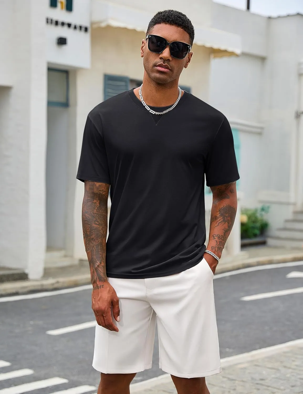 Cotrasen Mens T-Shirts Cotton UPF 50  Drop Shoulder Short Sleeve Tshirts Summer Casual Crew Neck Soft Loose Fit Tee Shirts