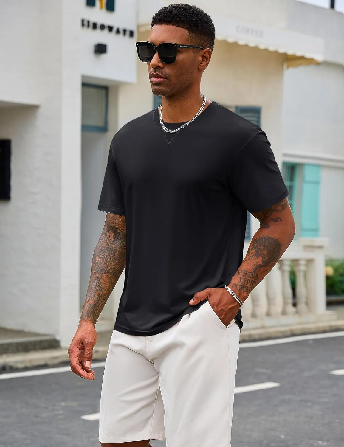 Cotrasen Mens T-Shirts Cotton UPF 50  Drop Shoulder Short Sleeve Tshirts Summer Casual Crew Neck Soft Loose Fit Tee Shirts