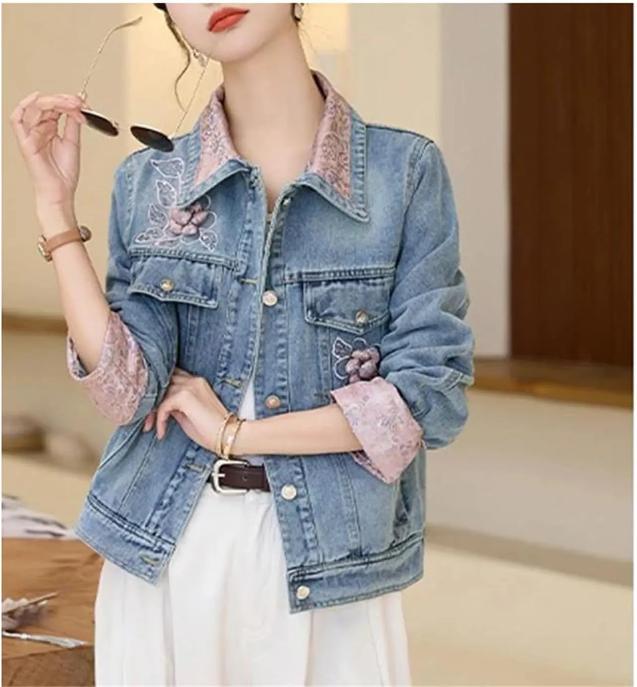 Embroidered Denim Jacket Women Spring Autumn Vintage Top Short Jeans Jacket