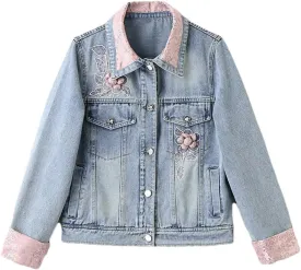 Embroidered Denim Jacket Women Spring Autumn Vintage Top Short Jeans Jacket