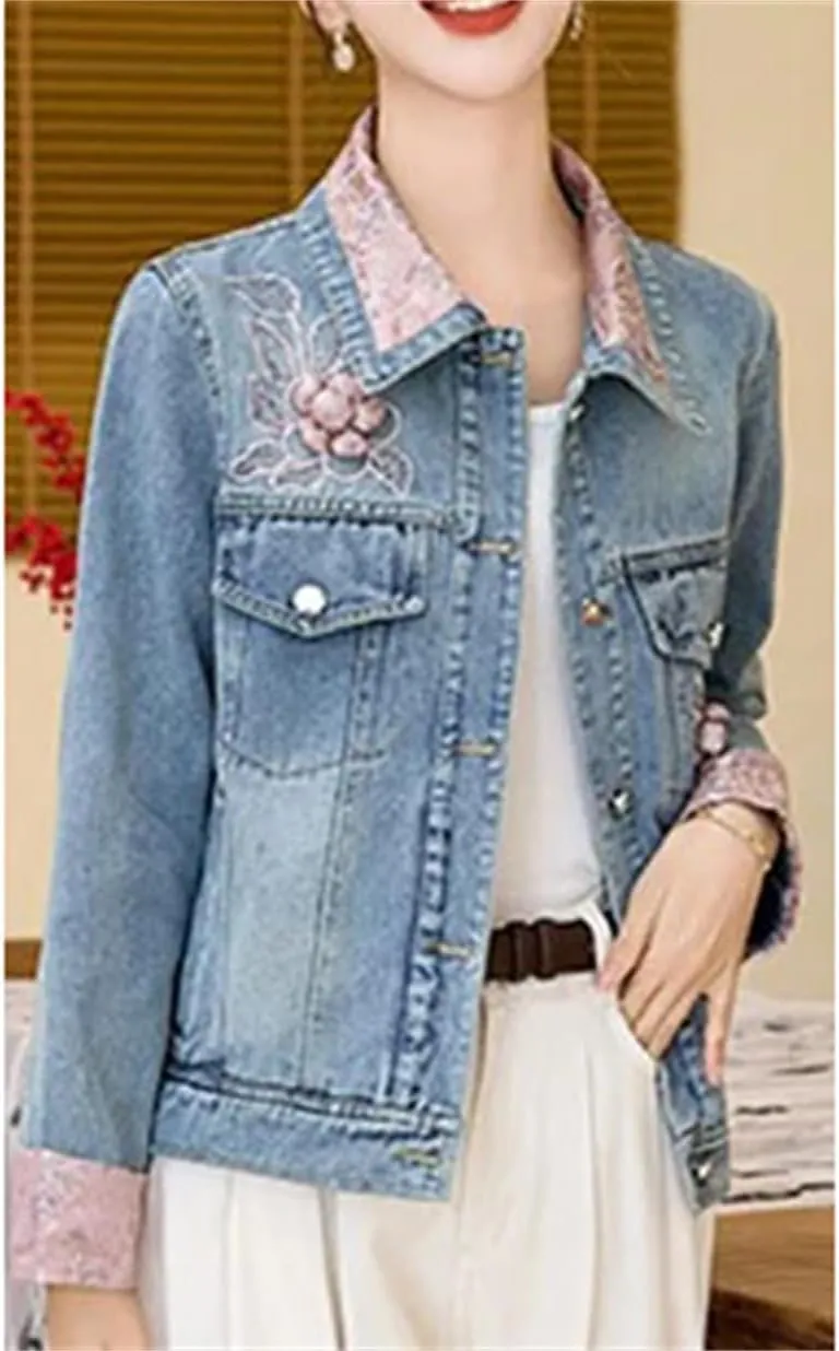 Embroidered Denim Jacket Women Spring Autumn Vintage Top Short Jeans Jacket