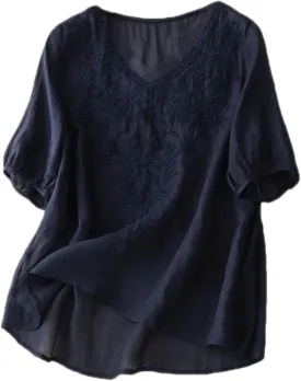 FindThy Women's Floral Embroidery Linen Shirts 3/4 Sleeve Round Neck Babydoll Tops Blouses