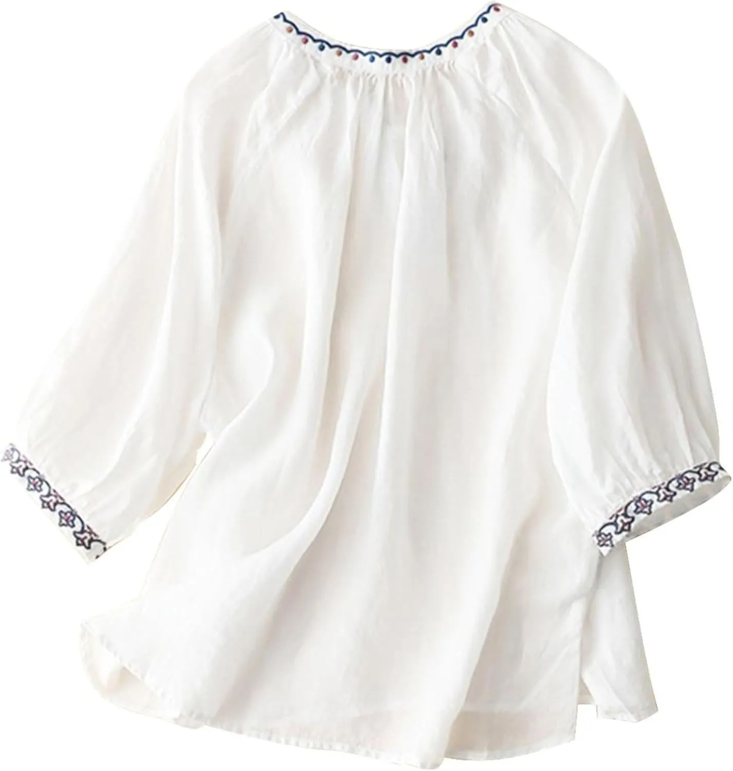 FindThy Women's Floral Embroidery Linen Shirts 3/4 Sleeve Round Neck Babydoll Tops Blouses