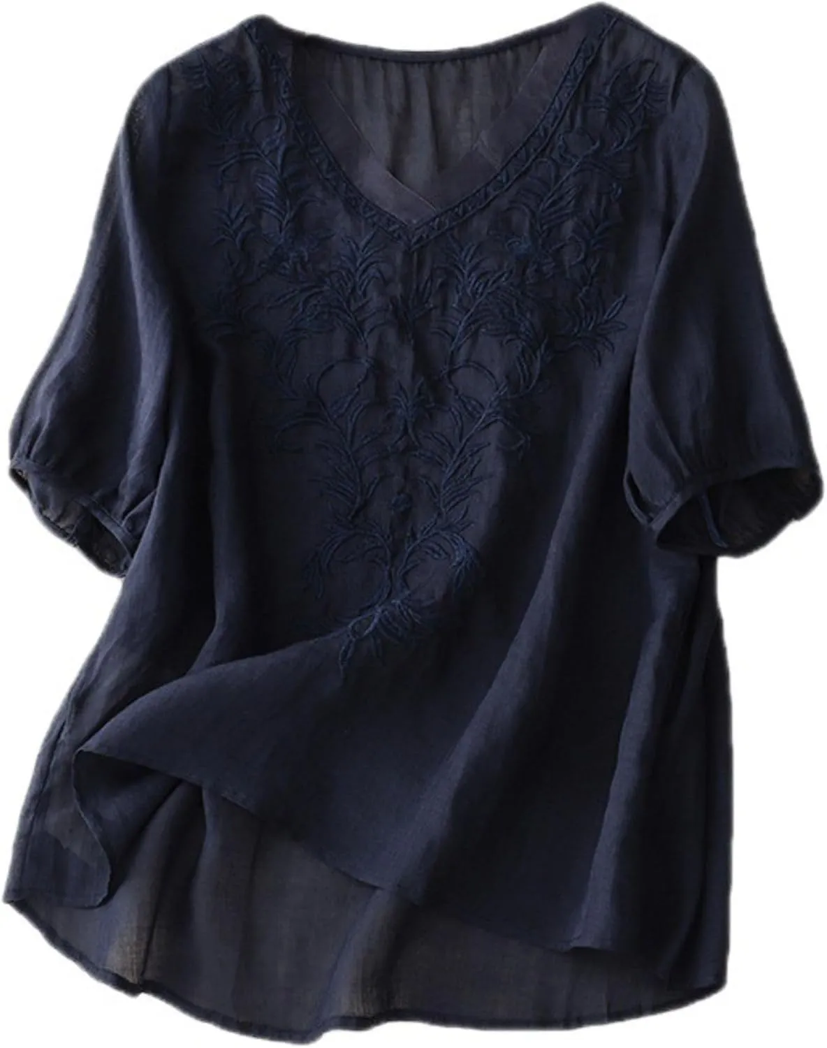 FindThy Women's Floral Embroidery Linen Shirts 3/4 Sleeve Round Neck Babydoll Tops Blouses