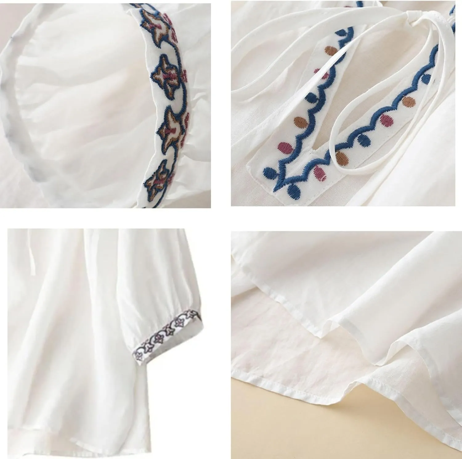 FindThy Women's Floral Embroidery Linen Shirts 3/4 Sleeve Round Neck Babydoll Tops Blouses