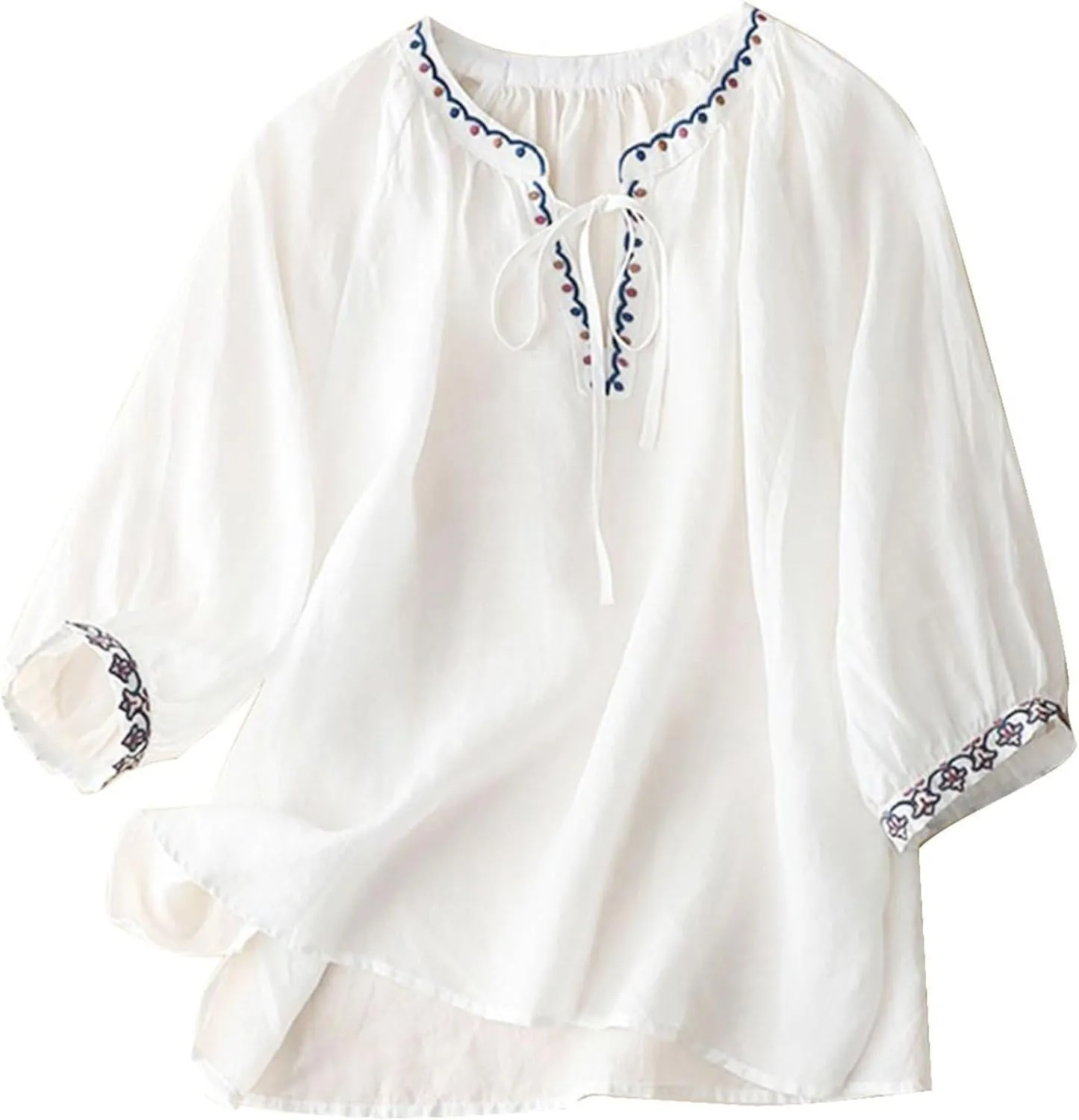 FindThy Women's Floral Embroidery Linen Shirts 3/4 Sleeve Round Neck Babydoll Tops Blouses