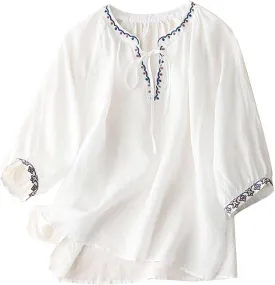 FindThy Women's Floral Embroidery Linen Shirts 3/4 Sleeve Round Neck Babydoll Tops Blouses