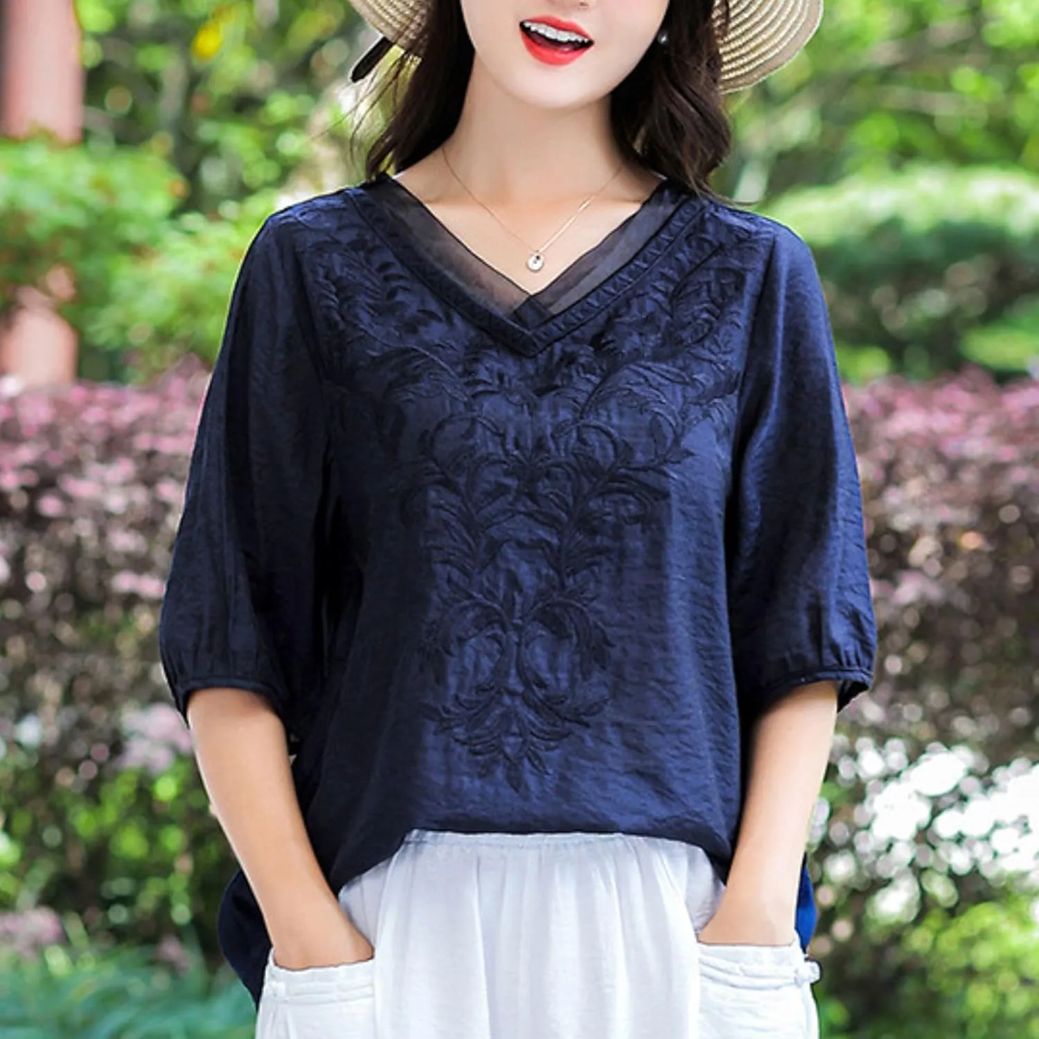 FindThy Women's Floral Embroidery Linen Shirts 3/4 Sleeve Round Neck Babydoll Tops Blouses