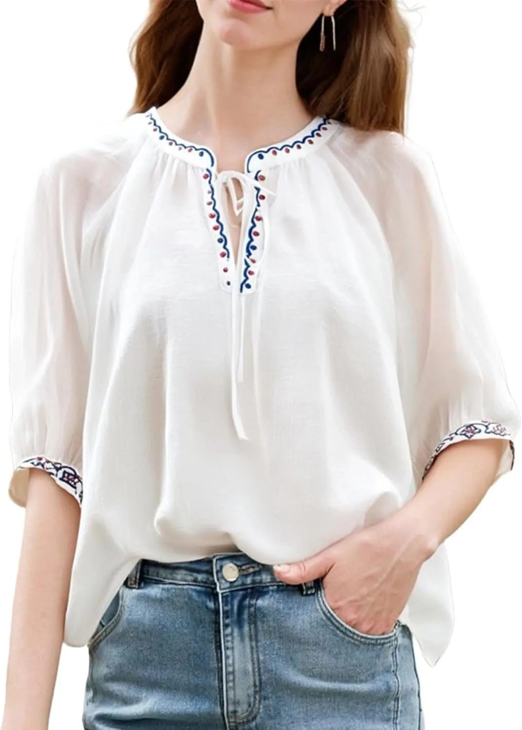 FindThy Women's Floral Embroidery Linen Shirts 3/4 Sleeve Round Neck Babydoll Tops Blouses