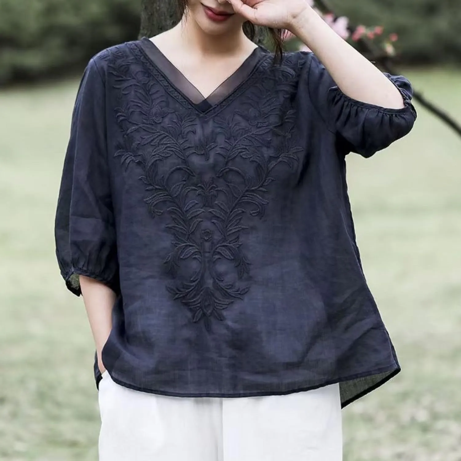 FindThy Women's Floral Embroidery Linen Shirts 3/4 Sleeve Round Neck Babydoll Tops Blouses