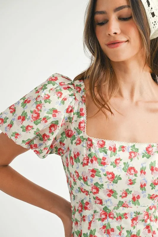 FLORAL PRINT PUFF SLEEVE SQUARE NECK MINI DRESS