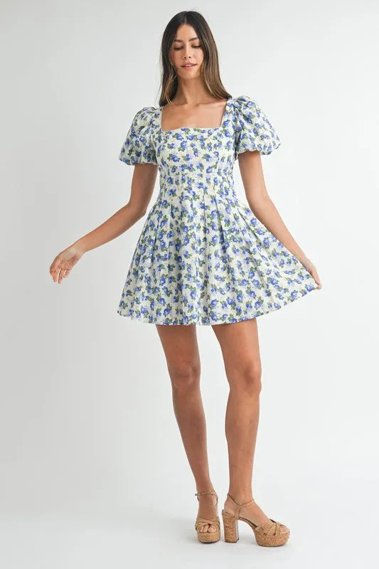 FLORAL PRINT PUFF SLEEVE SQUARE NECK MINI DRESS