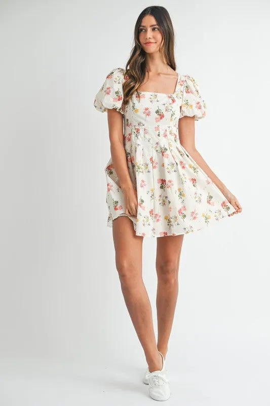 FLORAL PRINT PUFF SLEEVE SQUARE NECK MINI DRESS