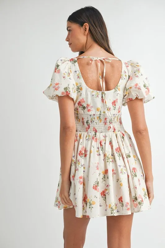 FLORAL PRINT PUFF SLEEVE SQUARE NECK MINI DRESS