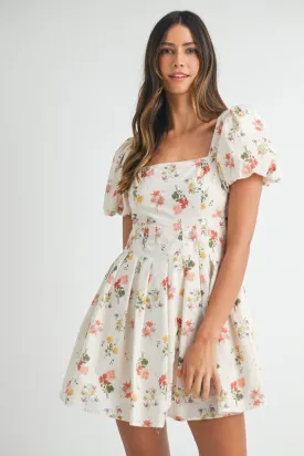 FLORAL PRINT PUFF SLEEVE SQUARE NECK MINI DRESS