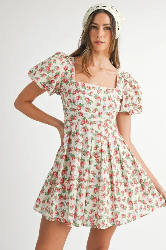 FLORAL PRINT PUFF SLEEVE SQUARE NECK MINI DRESS