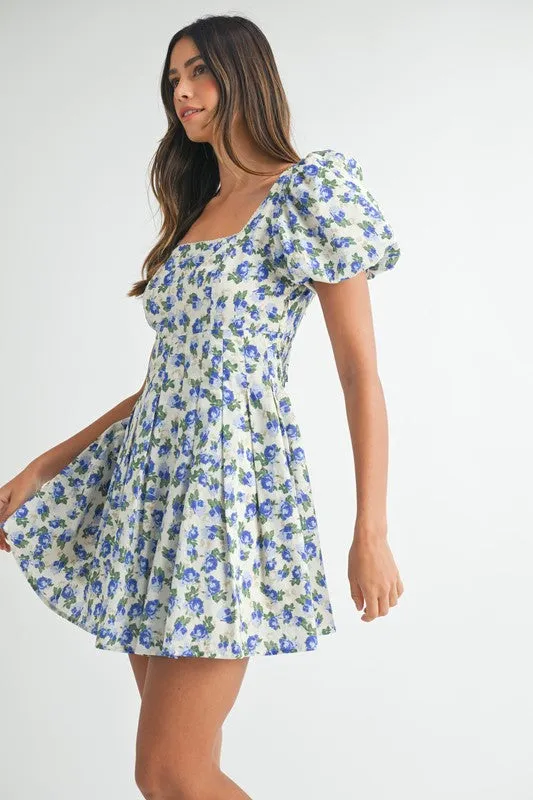 FLORAL PRINT PUFF SLEEVE SQUARE NECK MINI DRESS
