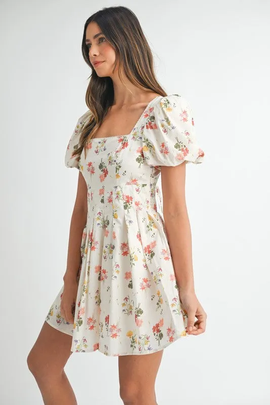 FLORAL PRINT PUFF SLEEVE SQUARE NECK MINI DRESS