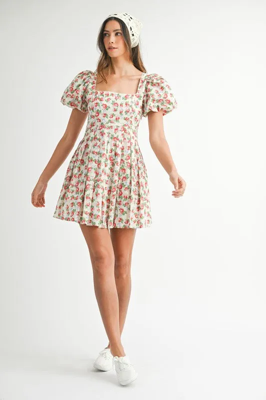 FLORAL PRINT PUFF SLEEVE SQUARE NECK MINI DRESS