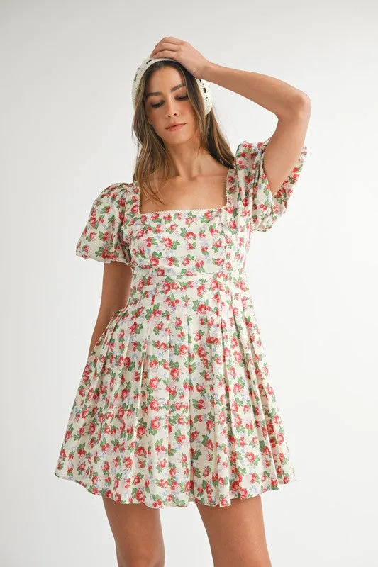 FLORAL PRINT PUFF SLEEVE SQUARE NECK MINI DRESS